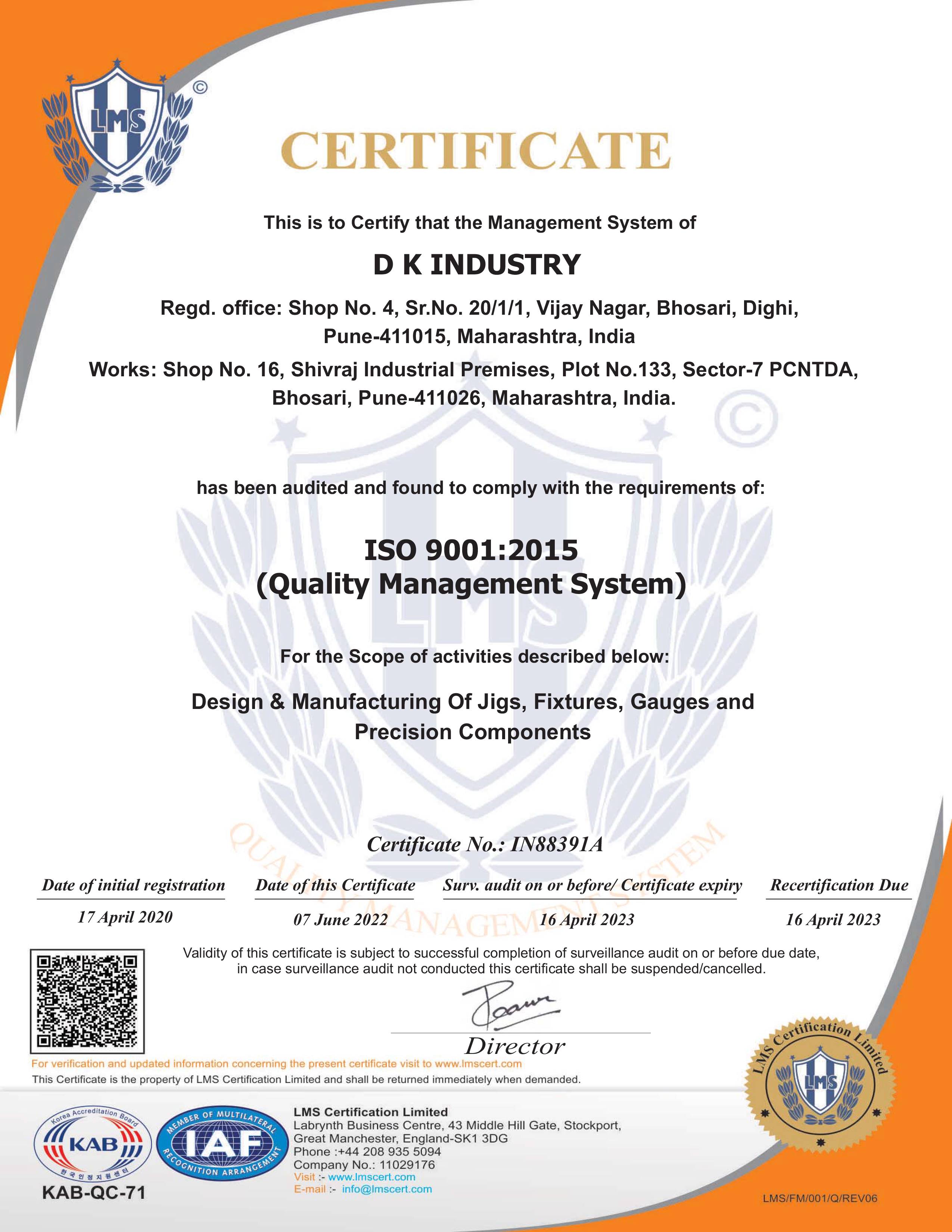 DK Industry ISO Certificate